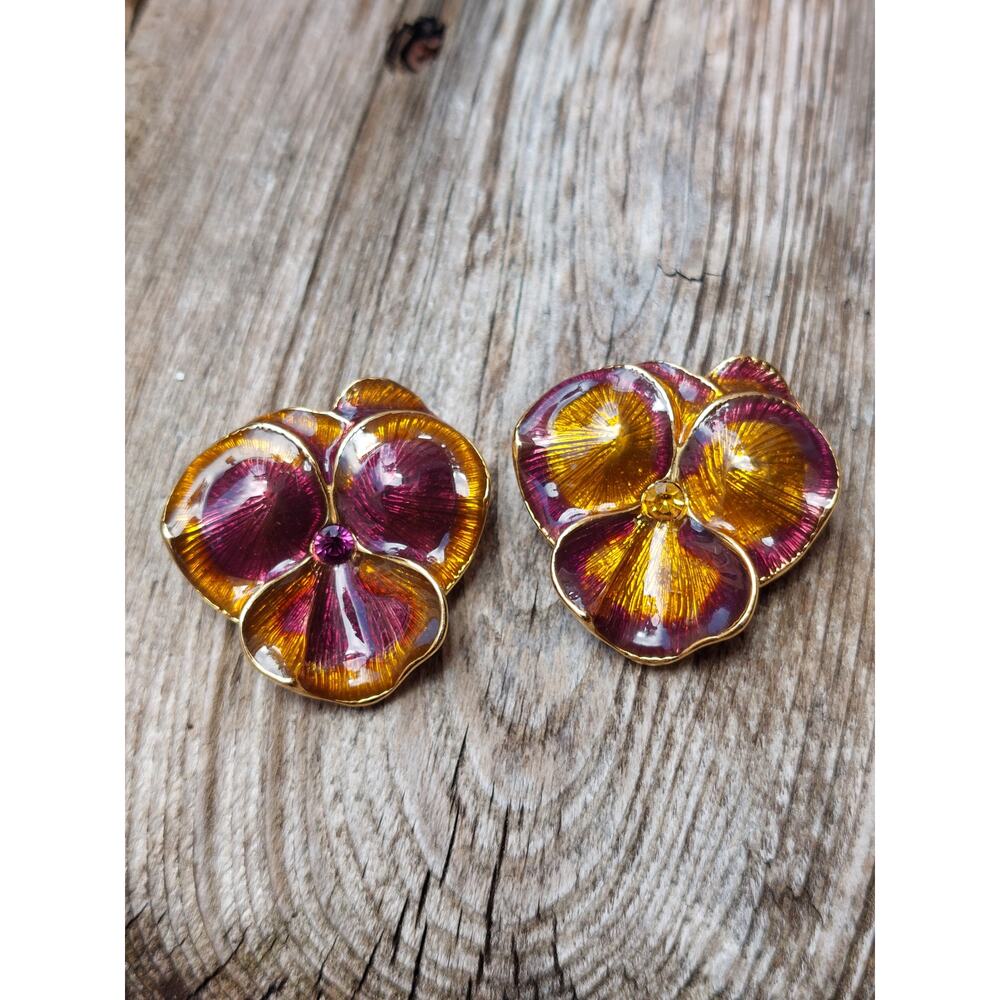 2 Vintage Joan Rivers Rhinestone Pansy Flower Guilloche Enamel Brooches